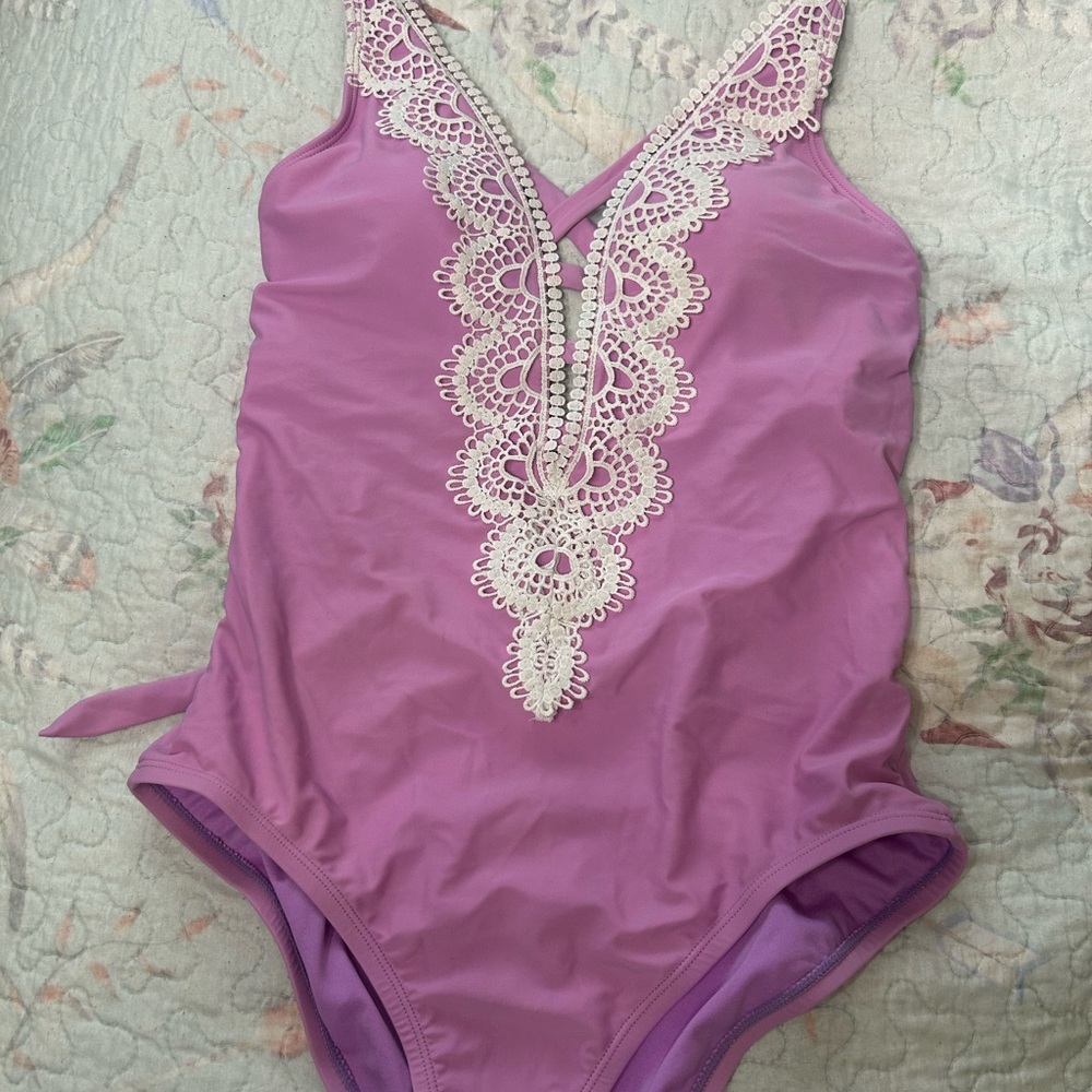 Purple Low Cut One-Piece Swimsuit with Lace Detail